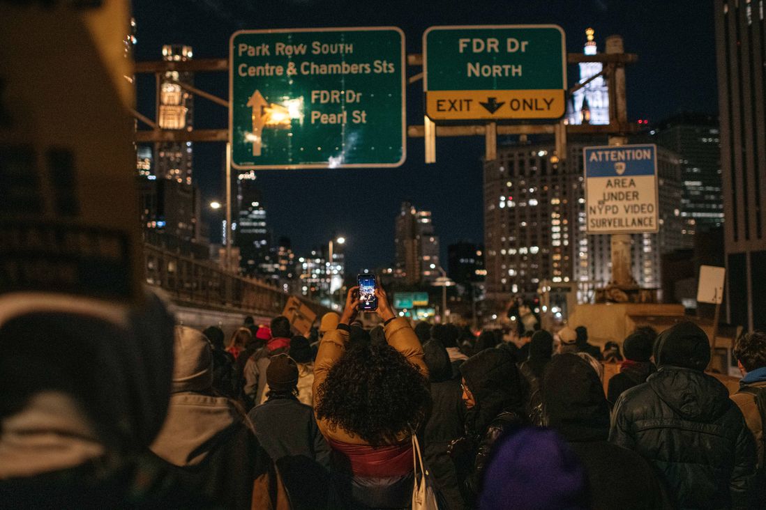 Protesters at the Manhattan side of the Brooklyn Bridge during a demonstration against the not guilty verdict for Kyle Rittenhouse on November 19th.